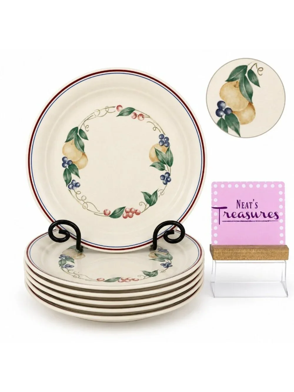 Corelle ABUNDANCE Cornerstone Beige Fruits Blue Maroon Bands Dinner Plates Set 6